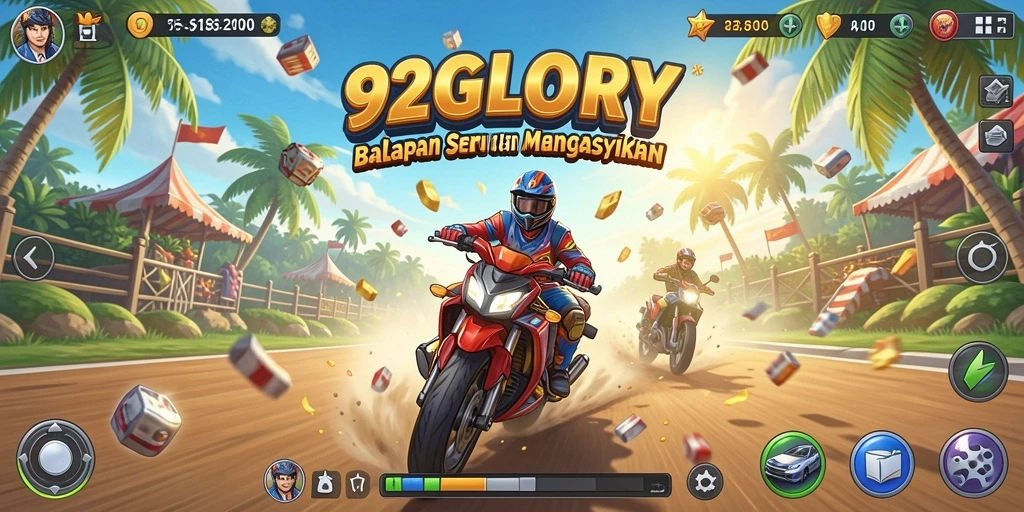 Screenshot gameplay 92GLORY menampilkan balapan mendebarkan di lintasan.