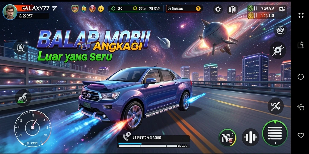 Tangkapan layar gameplay balap luar angkasa GALAXY77 yang menegangkan.