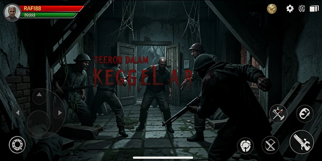 Screenshot gameplay RAFI88 menampilkan aksi menegangkan di dalam suasana gelap.