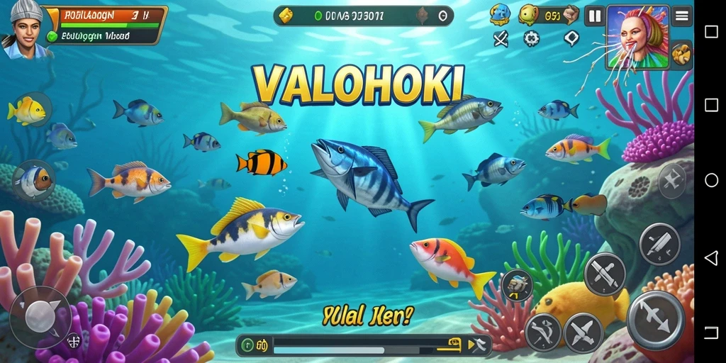 Screenshot gameplay VALOHOKI menampilkan aksi menembak ikan yang seru.
